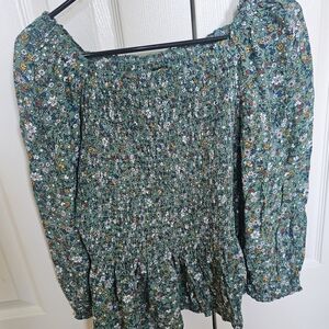 Ann Taylor Petite Floral Smocked Peplum Blouse Sage Green MP